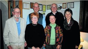 SAYING FAREWELL: (Front row l-r) Historical Society members, George McDonald (Patron) with current and former presidents Helen Marsonet and Virginia Hollister, Sally O’Neill, (back row l-r) Peter Monaghan and Bob O’Neill.